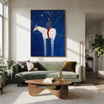 Spotted White Horse Crosses Midnight - starry horse and rider painting by Isabelle Laurent, modern Western vertical wall art – styled room scene view 5