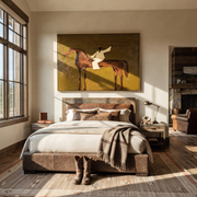 The White Lasso Circles the Brown Horse - lasso rider painting by Isabelle Laurent, modern Western horizontal wall art – styled room scene view 1