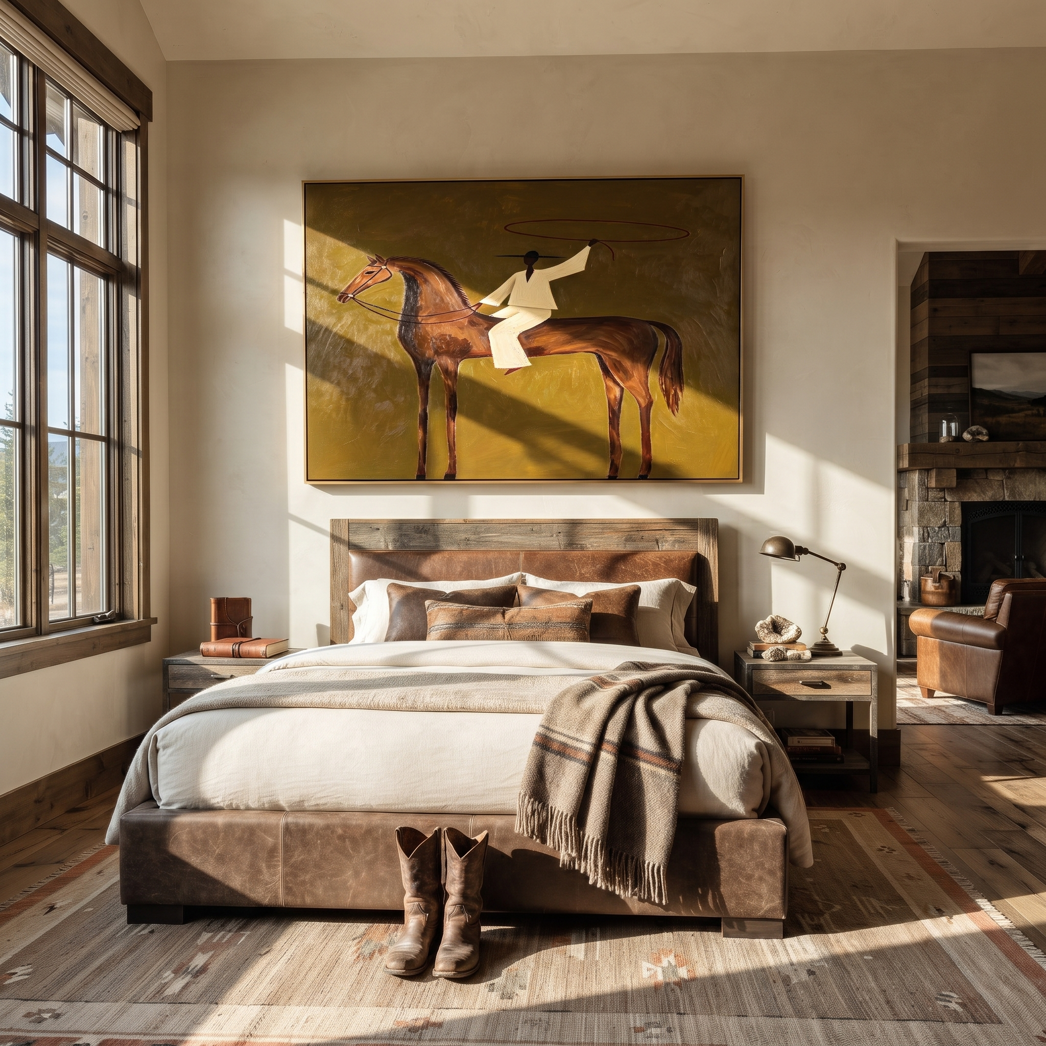 The White Lasso Circles the Brown Horse - lasso rider painting by Isabelle Laurent, modern Western horizontal wall art – styled room scene view 1