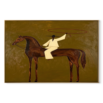 The White Lasso Circles the Brown Horse - lasso rider painting by Isabelle Laurent, modern Western horizontal wall art – wood frame on white background