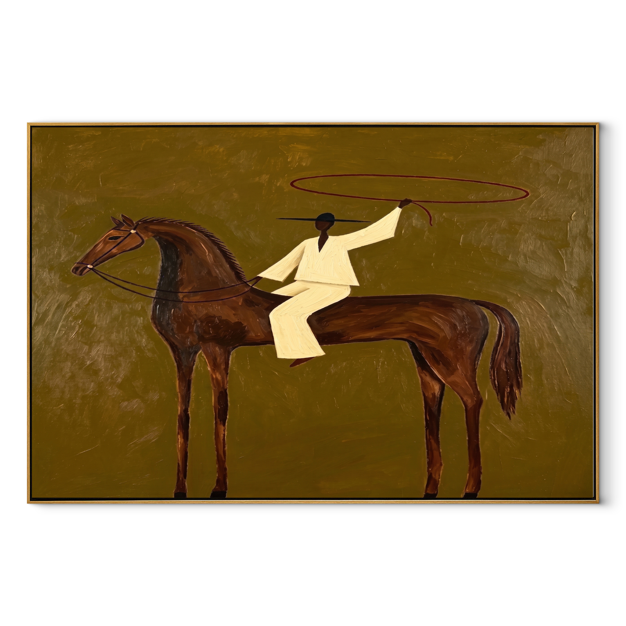 The White Lasso Circles the Brown Horse - lasso rider painting by Isabelle Laurent, modern Western horizontal wall art – wood frame on white background