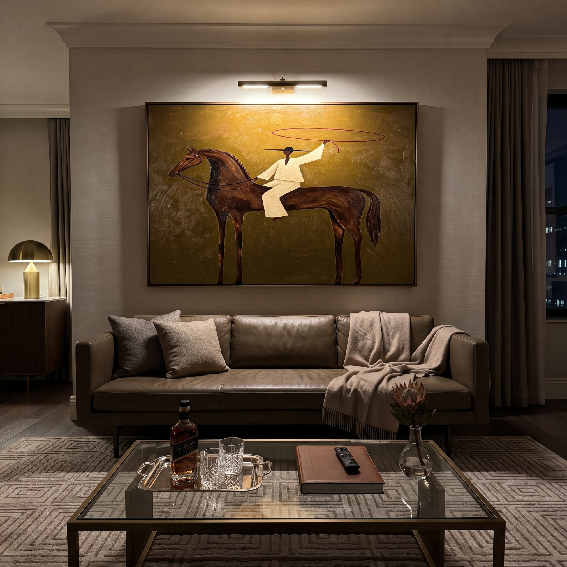 The White Lasso Circles the Brown Horse - lasso rider painting by Isabelle Laurent, modern Western horizontal wall art – styled room scene view 2