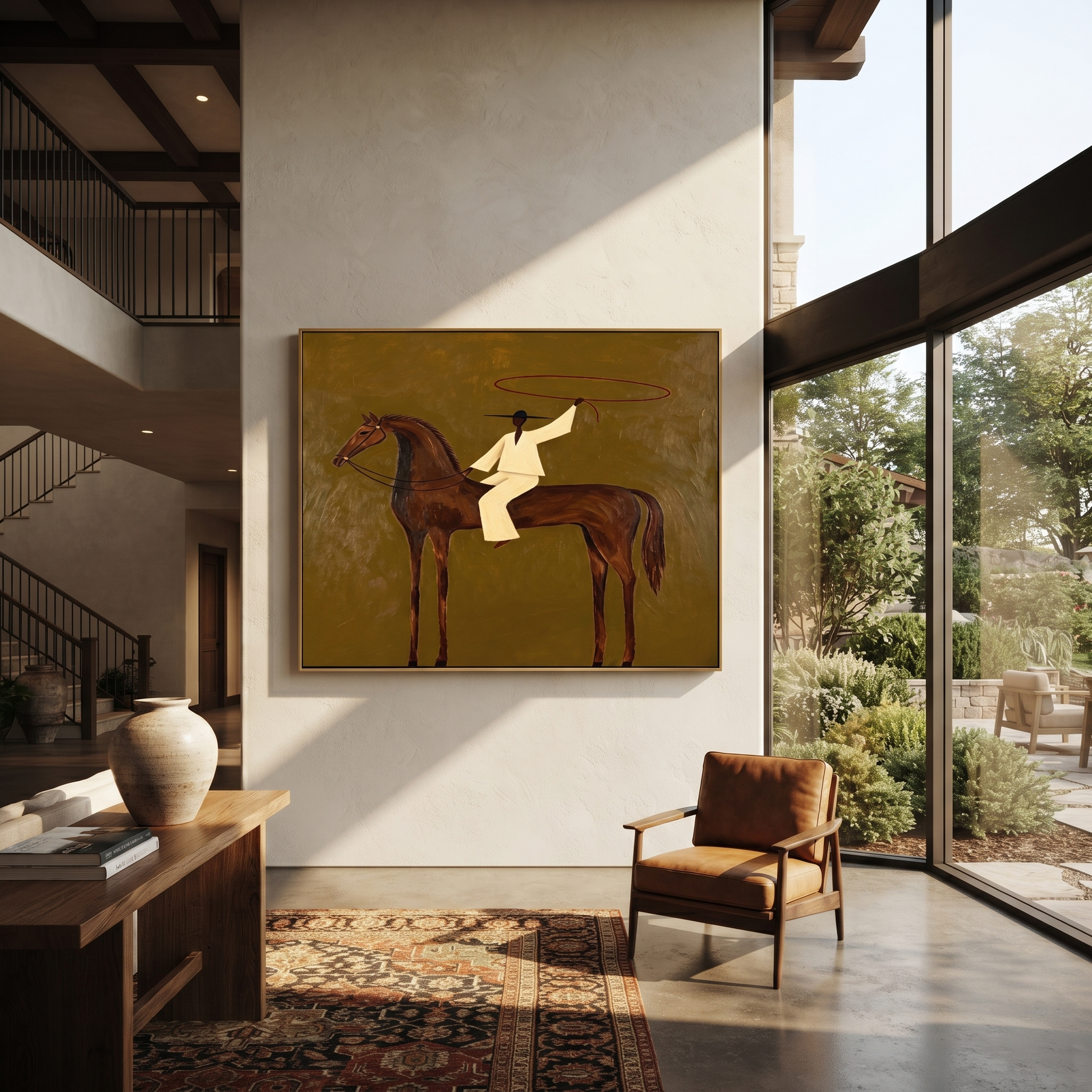 The White Lasso Circles the Brown Horse - lasso rider painting by Isabelle Laurent, modern Western horizontal wall art – styled room scene view 3