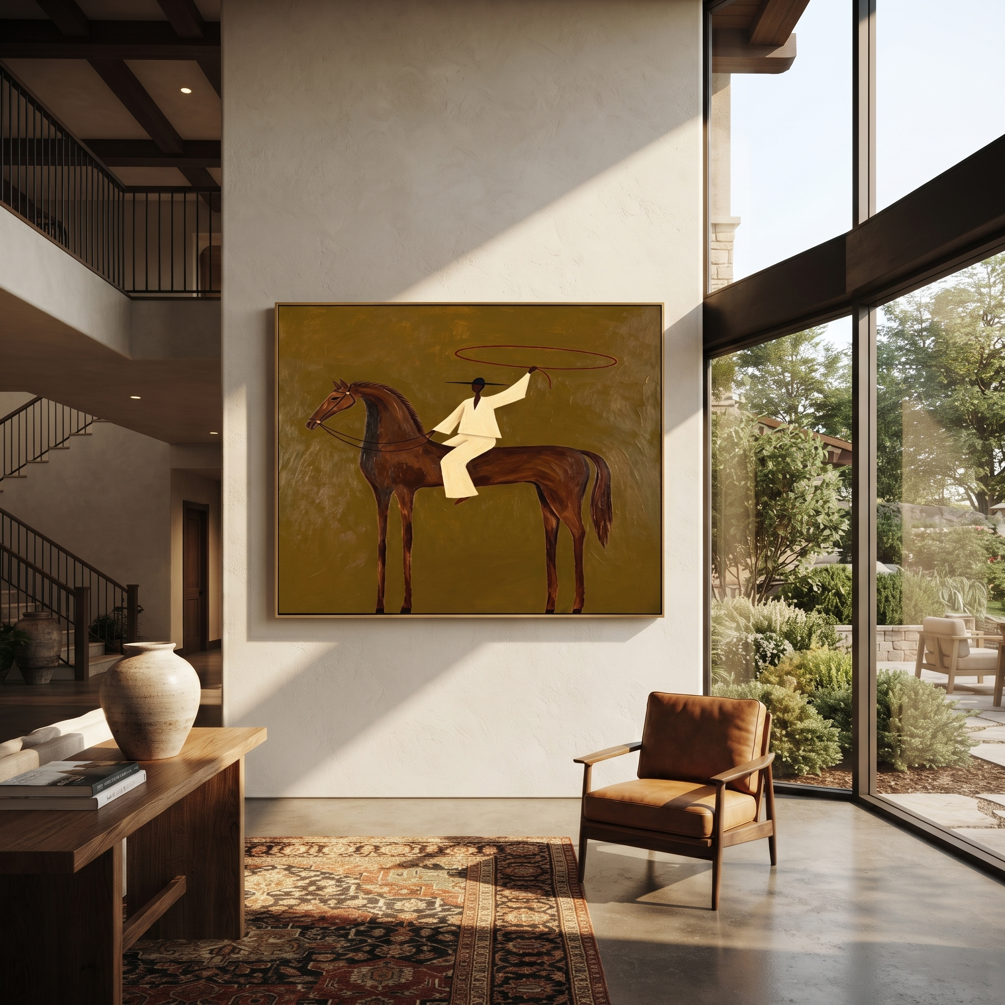 The White Lasso Circles the Brown Horse - lasso rider painting by Isabelle Laurent, modern Western horizontal wall art – styled room scene view 3