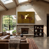 The White Lasso Circles the Brown Horse - lasso rider painting by Isabelle Laurent, modern Western horizontal wall art – styled room scene view 4