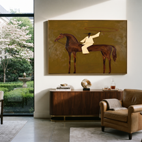 The White Lasso Circles the Brown Horse - lasso rider painting by Isabelle Laurent, modern Western horizontal wall art – styled room scene view 5