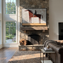 The Quiet Rider Holds the Gray Field - brown horse rider painting by Isabelle Laurent, modern Western horizontal wall art – styled room scene view 1
