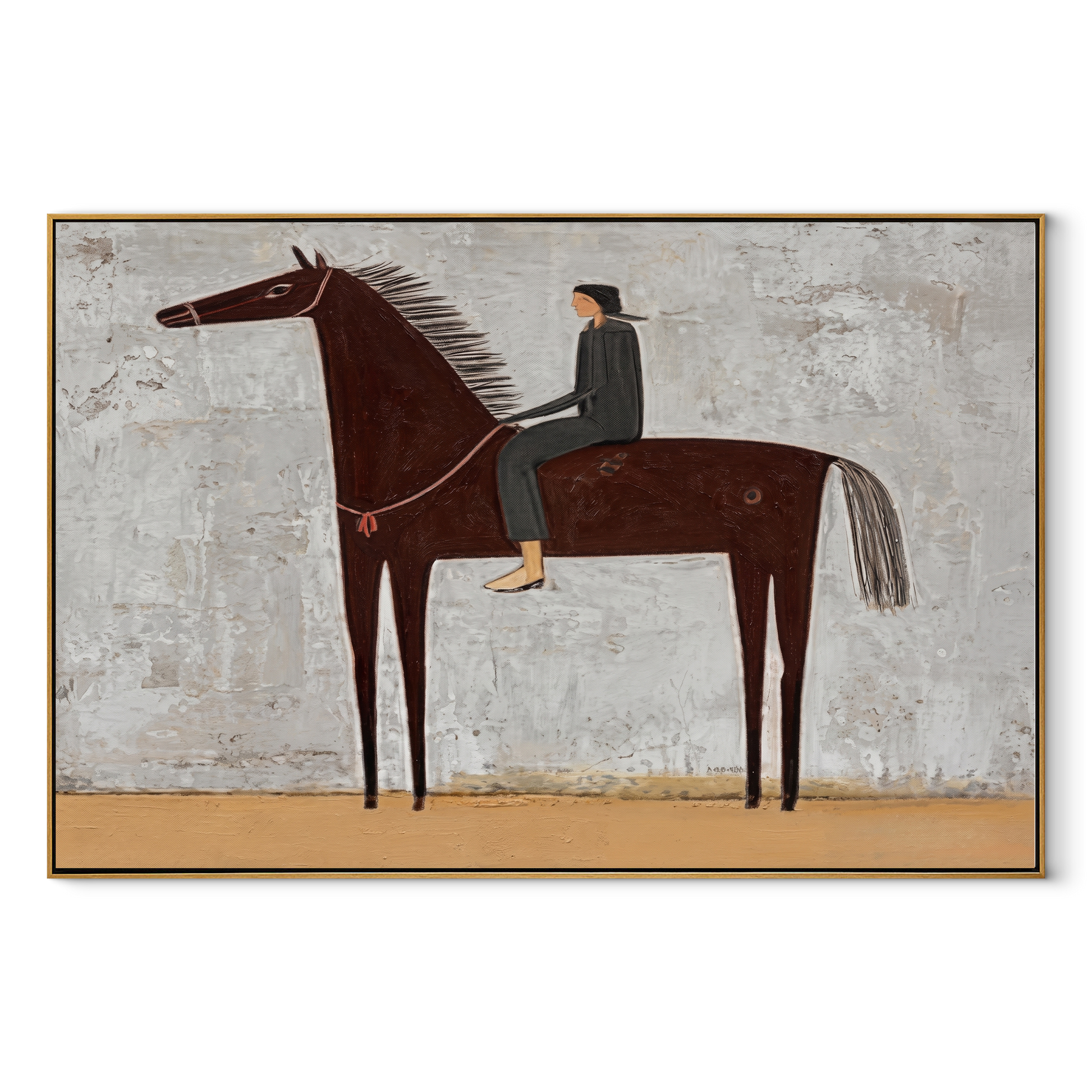 The Quiet Rider Holds the Gray Field - brown horse rider painting by Isabelle Laurent, modern Western horizontal wall art – wood frame on white background