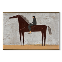 The Quiet Rider Holds the Gray Field - brown horse rider painting by Isabelle Laurent, modern Western horizontal wall art – wood frame on white background
