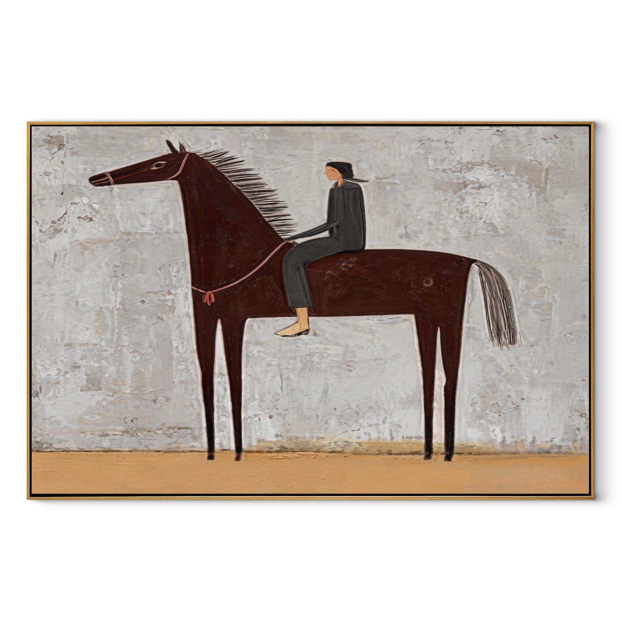 The Quiet Rider Holds the Gray Field - brown horse rider painting by Isabelle Laurent, modern Western horizontal wall art – wood frame on white background