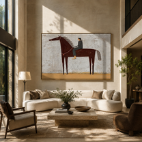 The Quiet Rider Holds the Gray Field - brown horse rider painting by Isabelle Laurent, modern Western horizontal wall art – styled room scene view 2