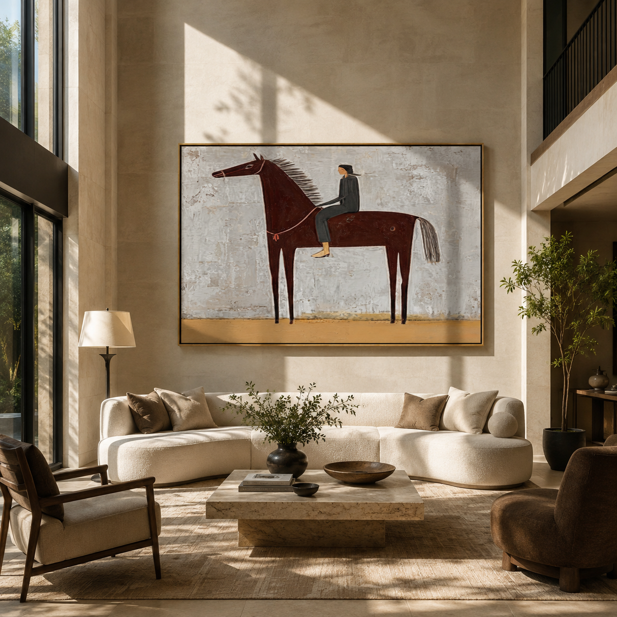 The Quiet Rider Holds the Gray Field - brown horse rider painting by Isabelle Laurent, modern Western horizontal wall art – styled room scene view 2