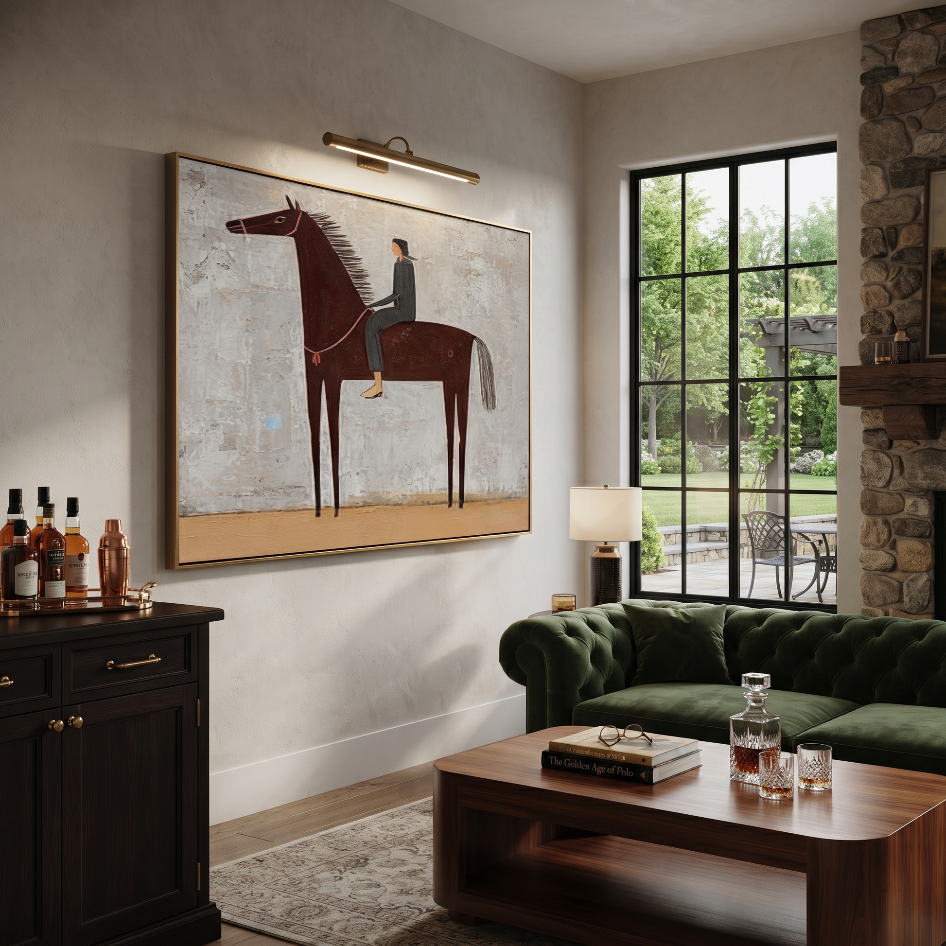 The Quiet Rider Holds the Gray Field - brown horse rider painting by Isabelle Laurent, modern Western horizontal wall art – styled room scene view 3