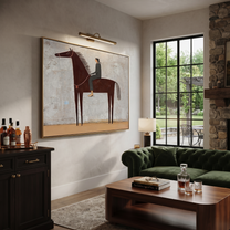 The Quiet Rider Holds the Gray Field - brown horse rider painting by Isabelle Laurent, modern Western horizontal wall art – styled room scene view 3