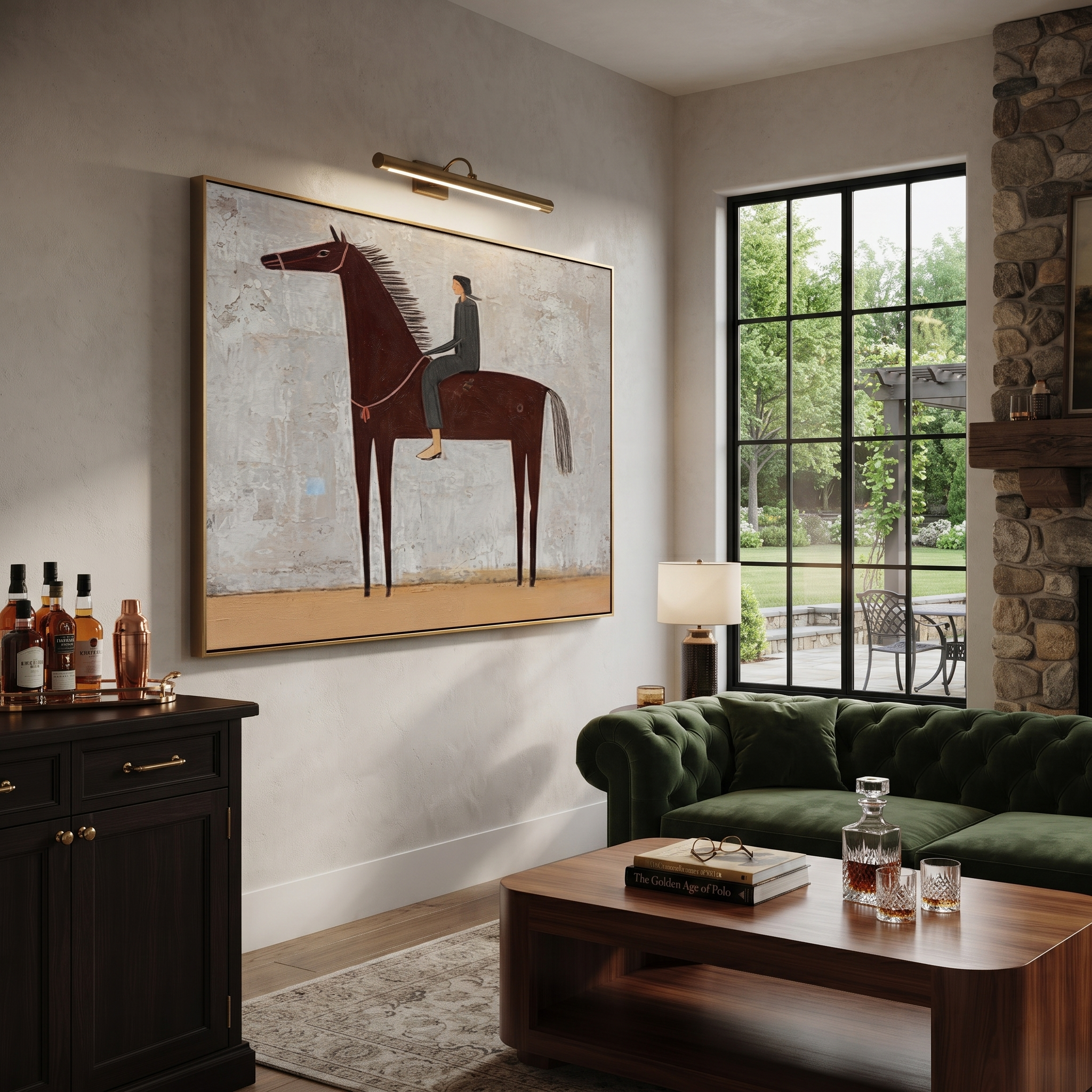 The Quiet Rider Holds the Gray Field - brown horse rider painting by Isabelle Laurent, modern Western horizontal wall art – styled room scene view 3