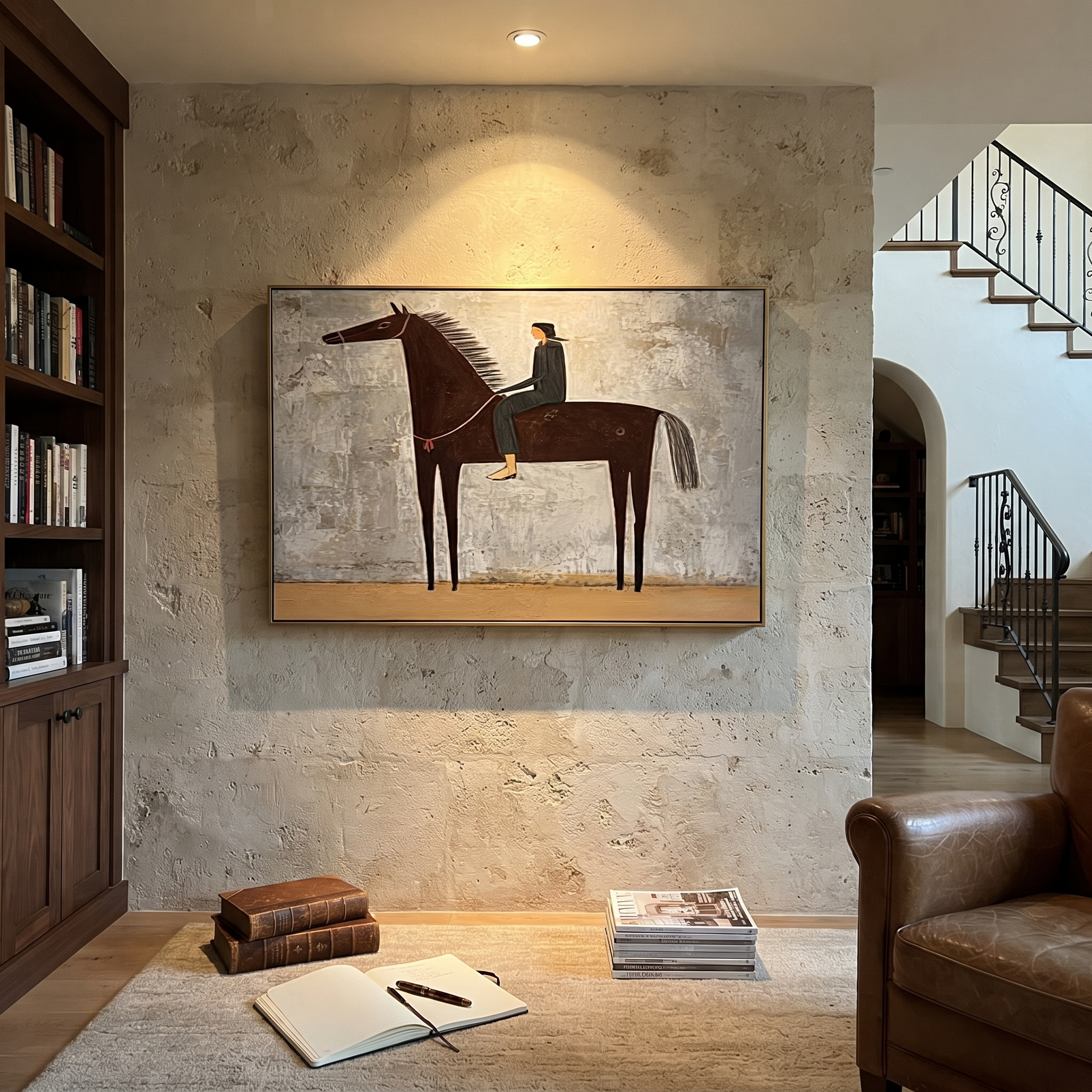 The Quiet Rider Holds the Gray Field - brown horse rider painting by Isabelle Laurent, modern Western horizontal wall art – styled room scene view 4