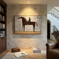 The Quiet Rider Holds the Gray Field - brown horse rider painting by Isabelle Laurent, modern Western horizontal wall art – styled room scene view 4