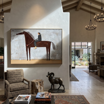 The Quiet Rider Holds the Gray Field - brown horse rider painting by Isabelle Laurent, modern Western horizontal wall art – styled room scene view 5