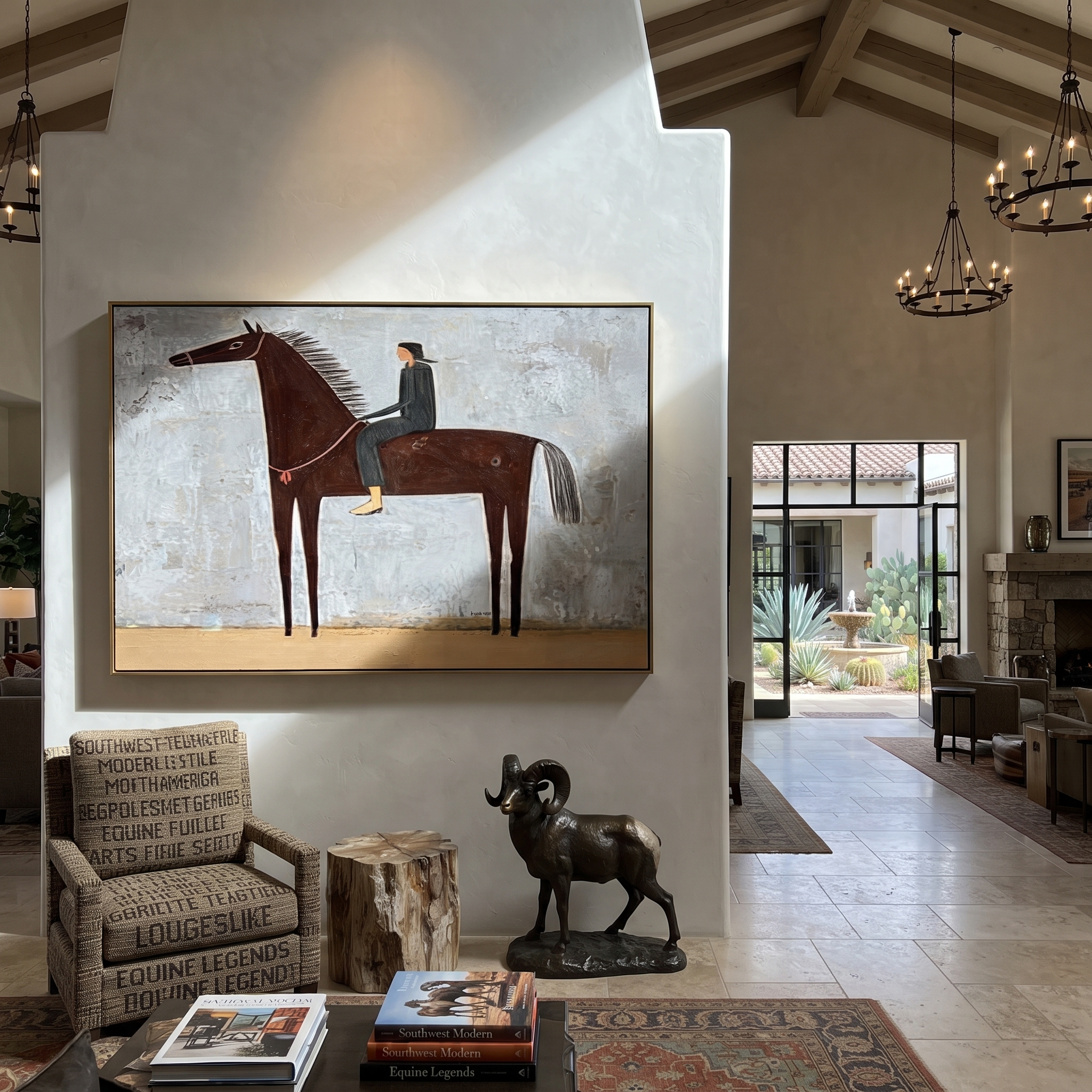 The Quiet Rider Holds the Gray Field - brown horse rider painting by Isabelle Laurent, modern Western horizontal wall art – styled room scene view 5