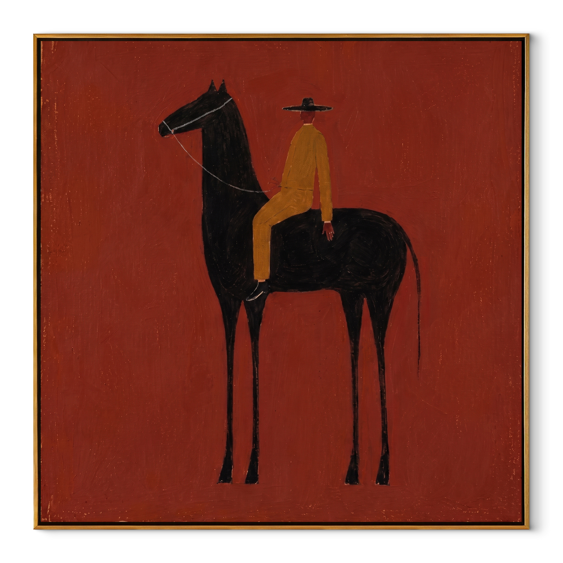 Ochre Rides through the Red Room - black horse rider painting by Isabelle Laurent, modern Western square wall art – wood frame on white background