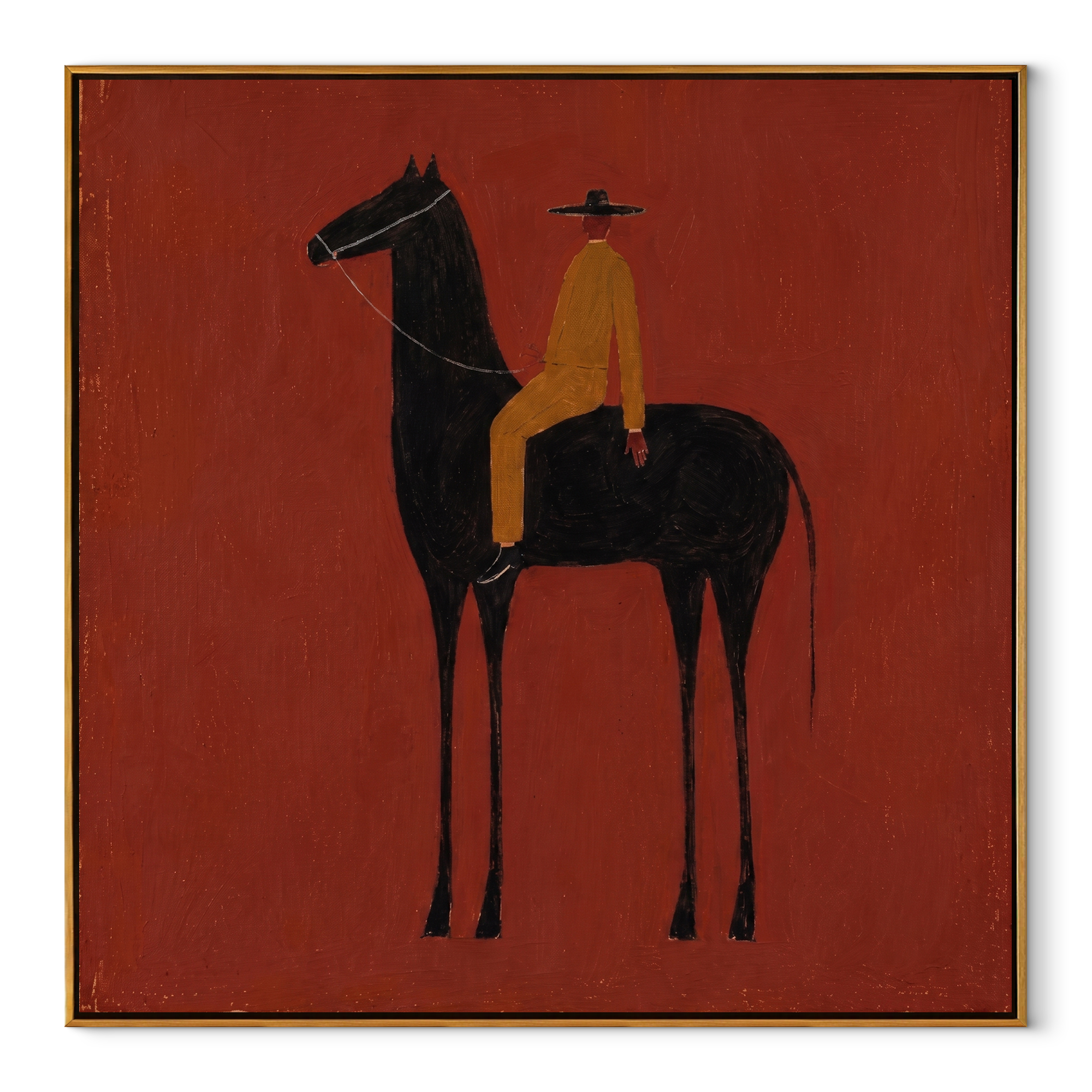 Ochre Rides through the Red Room - black horse rider painting by Isabelle Laurent, modern Western square wall art – wood frame on white background