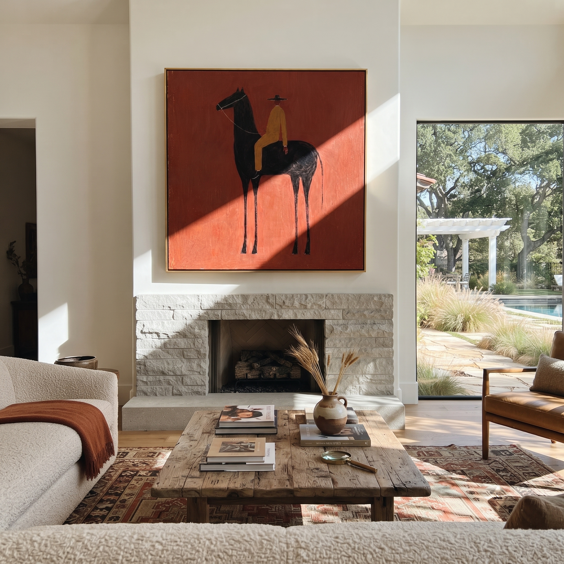 Ochre Rides through the Red Room - black horse rider painting by Isabelle Laurent, modern Western square wall art – styled room scene view 2