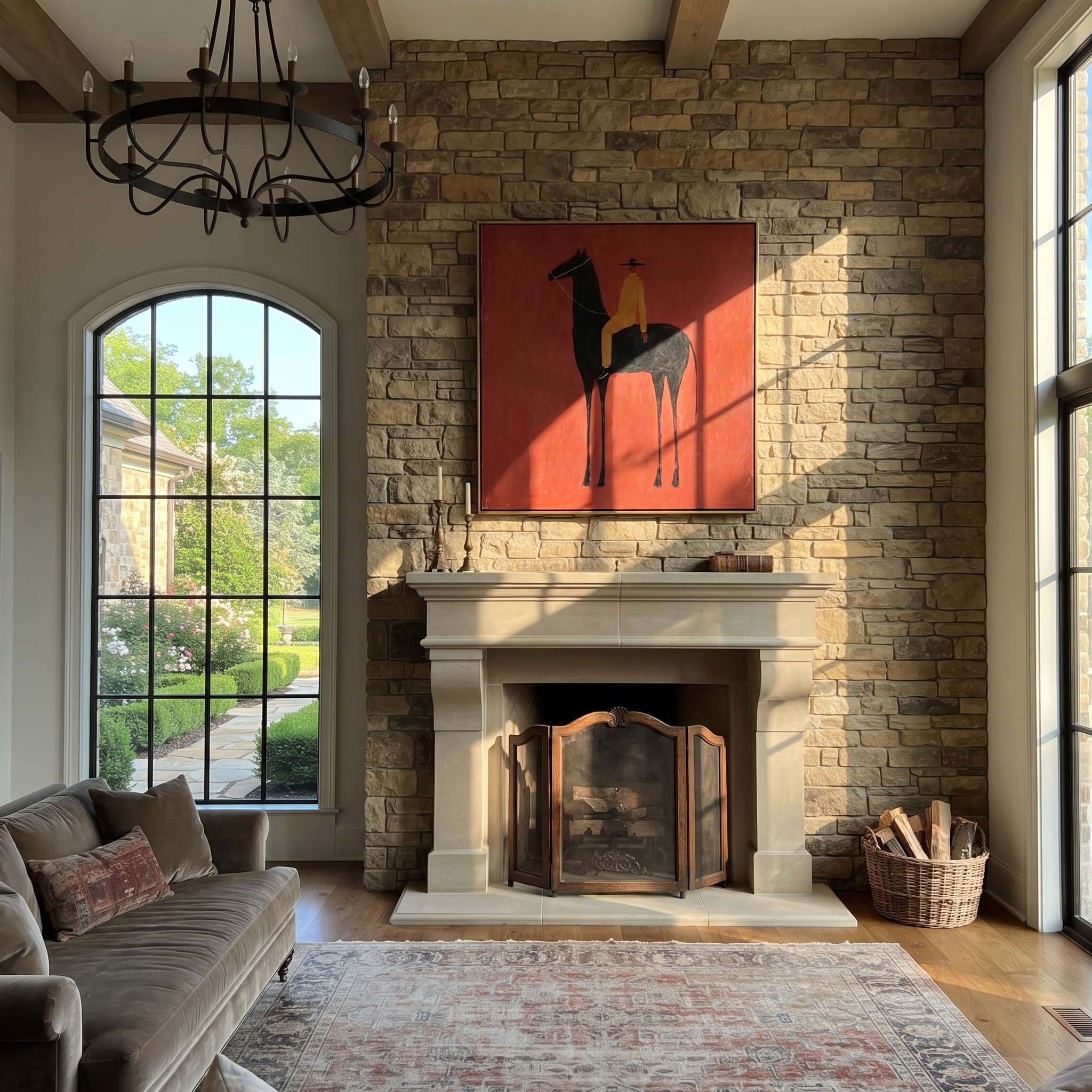 Ochre Rides through the Red Room - black horse rider painting by Isabelle Laurent, modern Western square wall art – styled room scene view 3