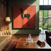 Ochre Rides through the Red Room - black horse rider painting by Isabelle Laurent, modern Western square wall art – styled room scene view 4