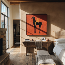 Ochre Rides through the Red Room - black horse rider painting by Isabelle Laurent, modern Western square wall art – styled room scene view 5