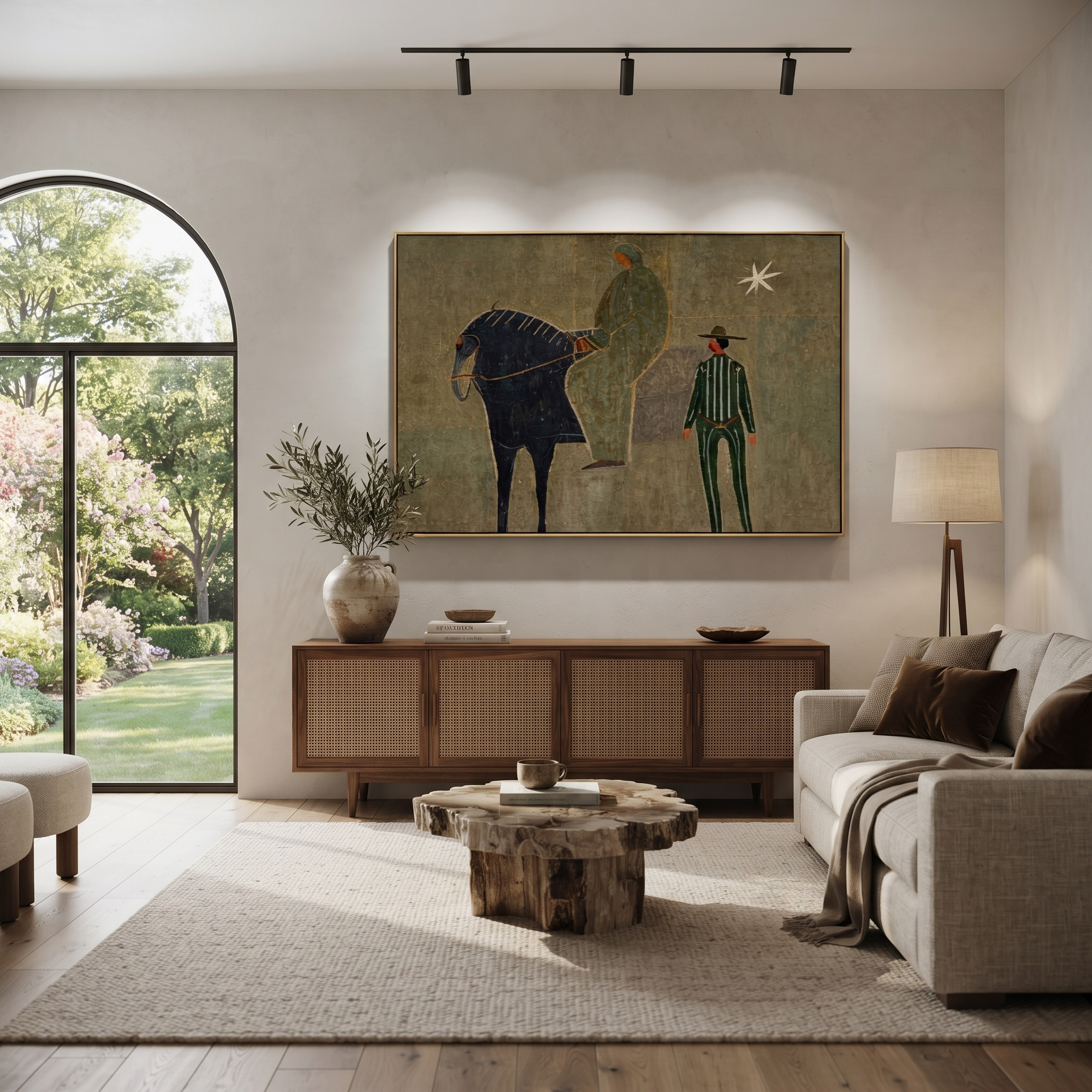 Horse and Handler Wait beneath the Star - horse and cowboy painting by Isabelle Laurent, modern Western horizontal wall art – styled room scene view 1