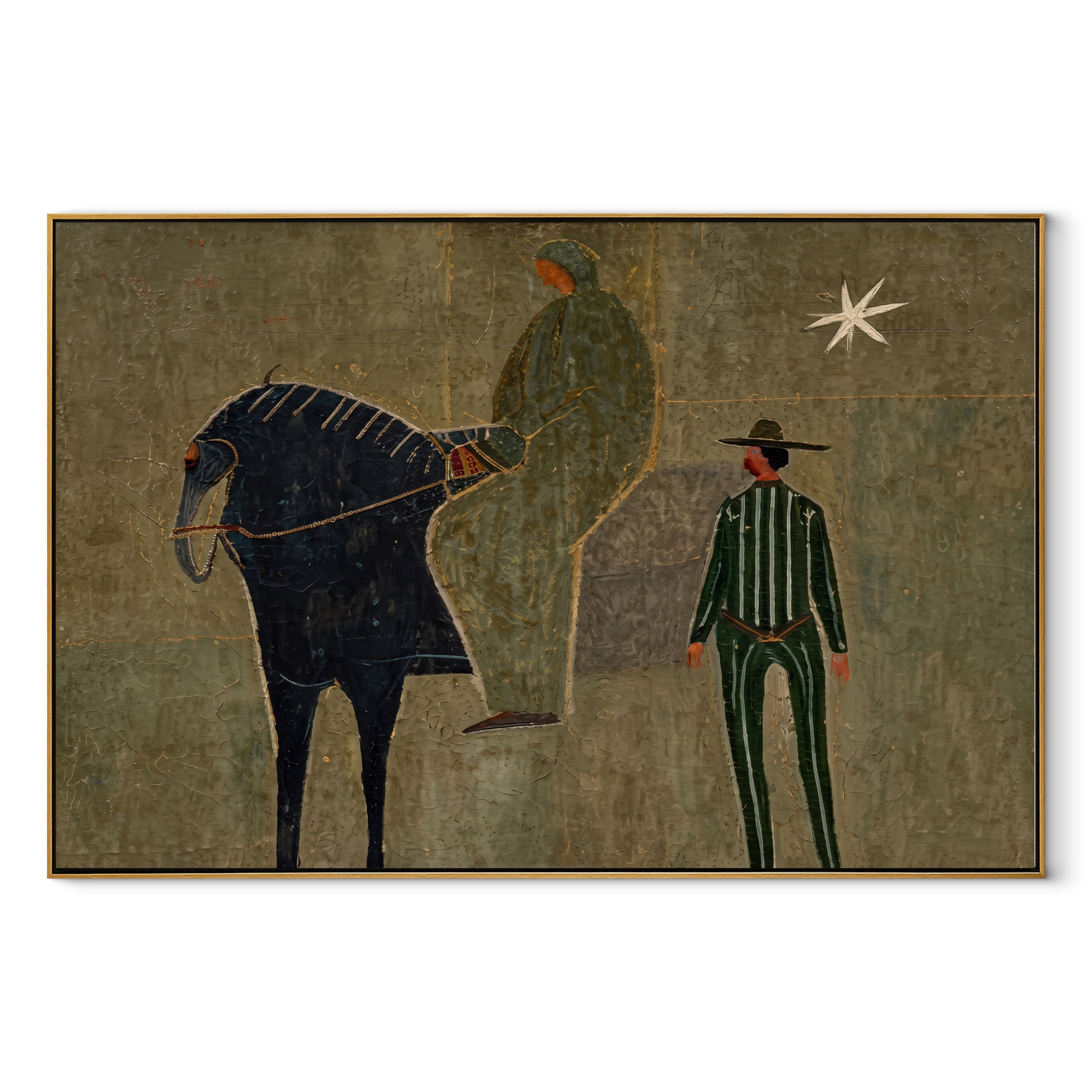 Horse and Handler Wait beneath the Star - horse and cowboy painting by Isabelle Laurent, modern Western horizontal wall art – wood frame on white background