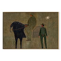 Horse and Handler Wait beneath the Star - horse and cowboy painting by Isabelle Laurent, modern Western horizontal wall art – wood frame on white background