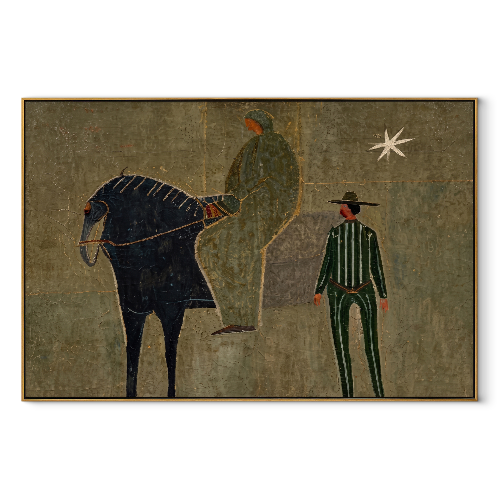 Horse and Handler Wait beneath the Star - horse and cowboy painting by Isabelle Laurent, modern Western horizontal wall art – wood frame on white background