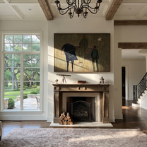 Horse and Handler Wait beneath the Star - horse and cowboy painting by Isabelle Laurent, modern Western horizontal wall art – styled room scene view 2