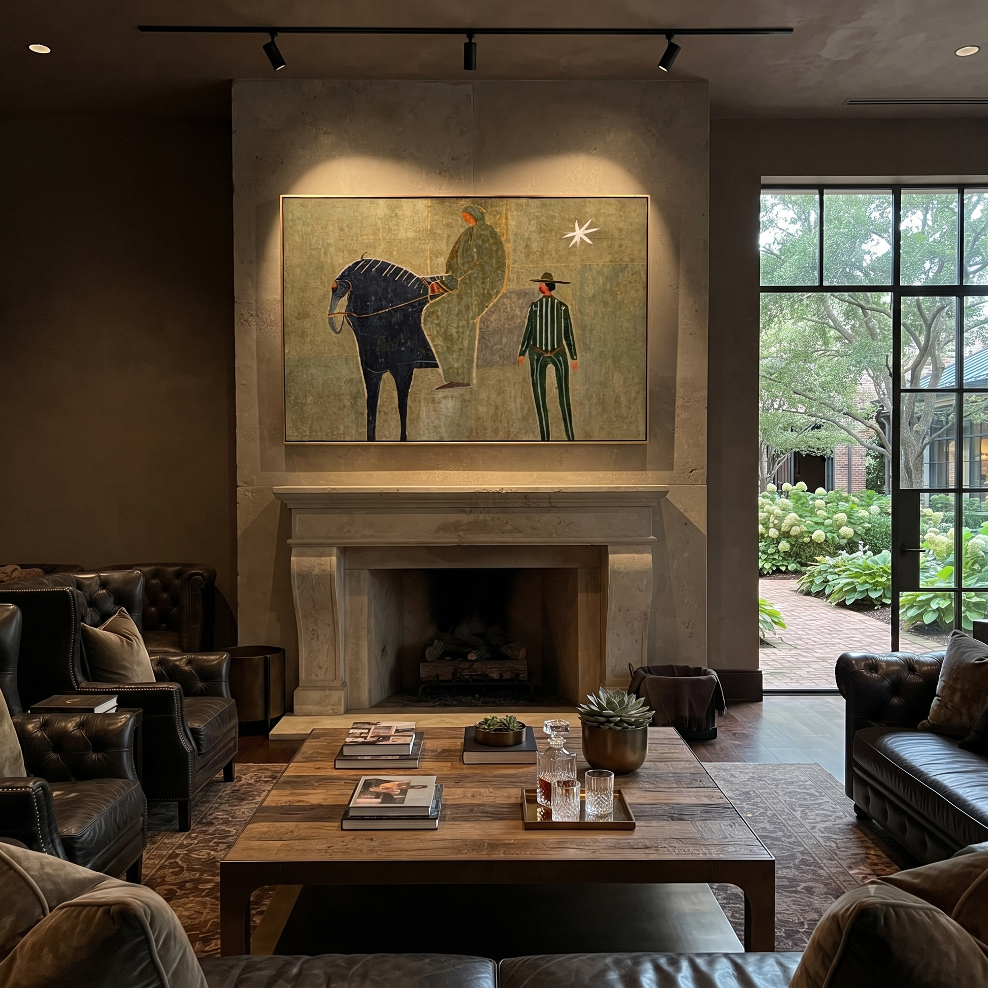 Horse and Handler Wait beneath the Star - horse and cowboy painting by Isabelle Laurent, modern Western horizontal wall art – styled room scene view 3