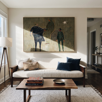 Horse and Handler Wait beneath the Star - horse and cowboy painting by Isabelle Laurent, modern Western horizontal wall art – styled room scene view 4