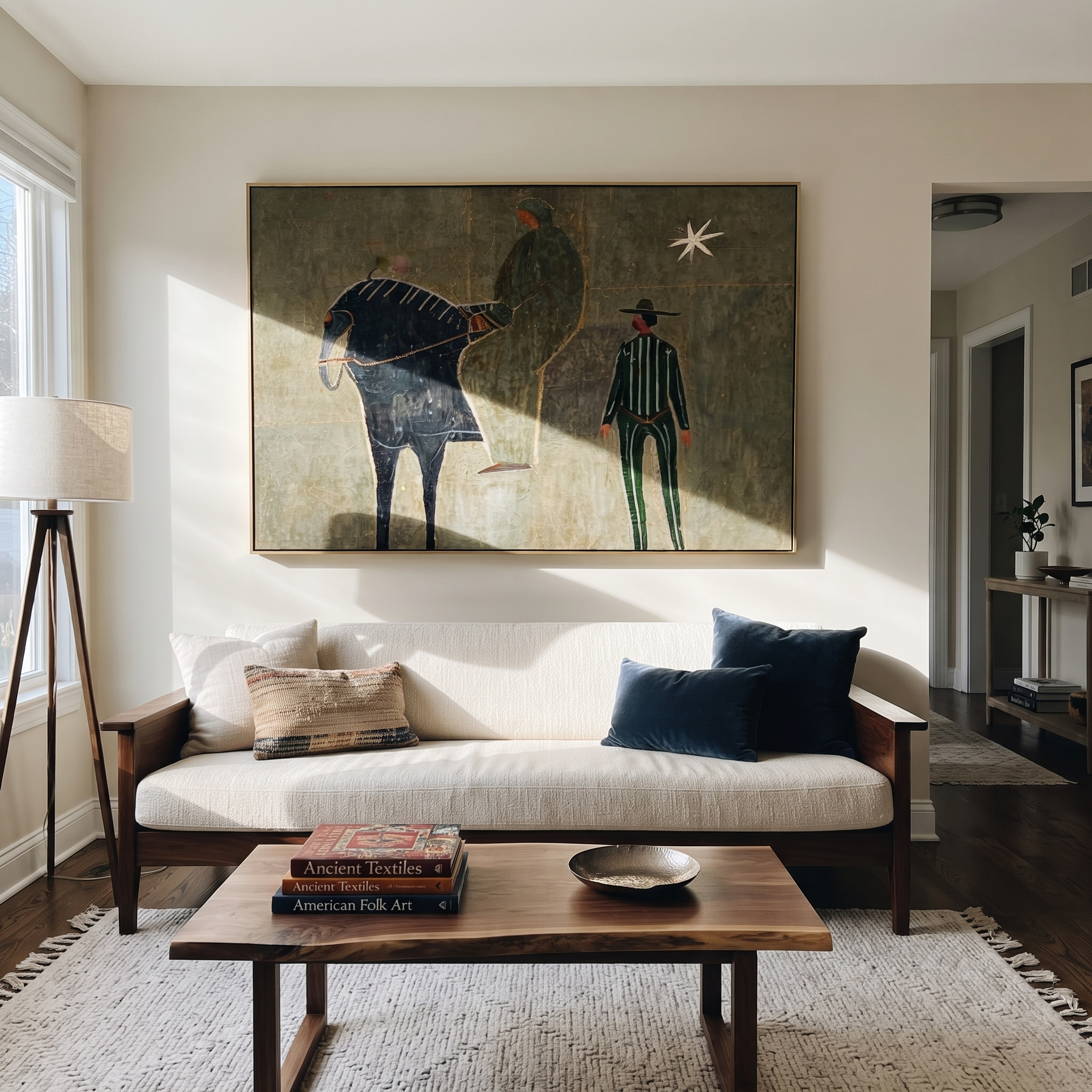 Horse and Handler Wait beneath the Star - horse and cowboy painting by Isabelle Laurent, modern Western horizontal wall art – styled room scene view 4