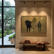 Horse and Handler Wait beneath the Star - horse and cowboy painting by Isabelle Laurent, modern Western horizontal wall art – styled room scene view 5