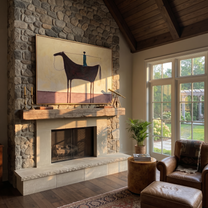 Blue Balance Stands across the Saddle - equestrian balance painting by Isabelle Laurent, modern Western horizontal wall art – styled room scene view 1