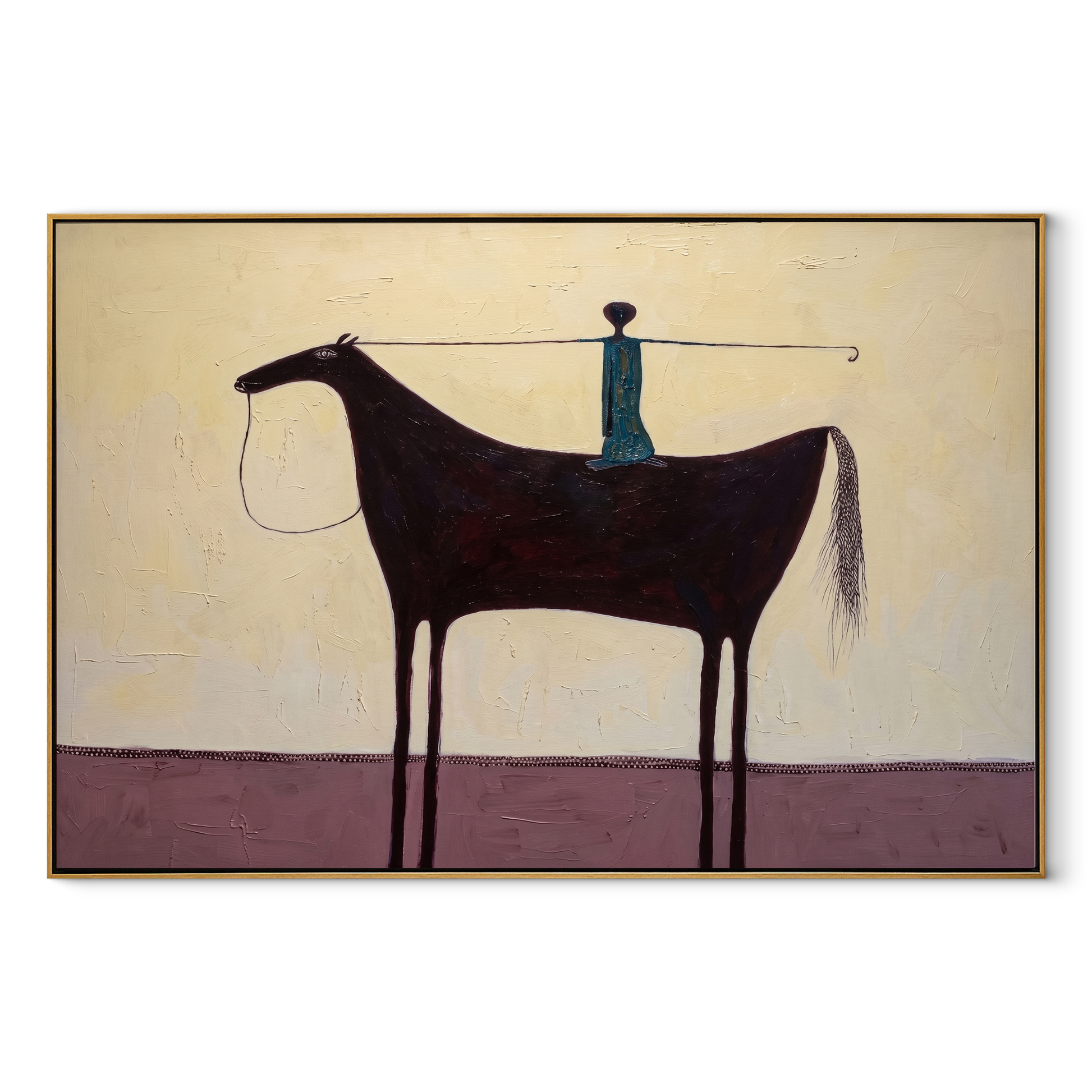 Blue Balance Stands across the Saddle - equestrian balance painting by Isabelle Laurent, modern Western horizontal wall art – wood frame on white background