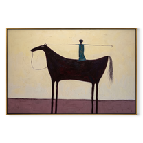 Blue Balance Stands across the Saddle - equestrian balance painting by Isabelle Laurent, modern Western horizontal wall art – wood frame on white background