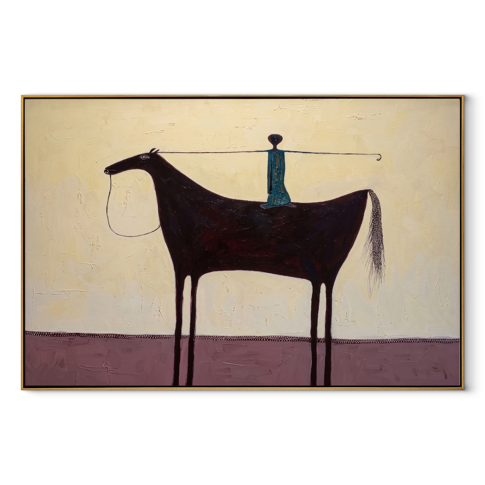 Blue Balance Stands across the Saddle - equestrian balance painting by Isabelle Laurent, modern Western horizontal wall art – wood frame on white background