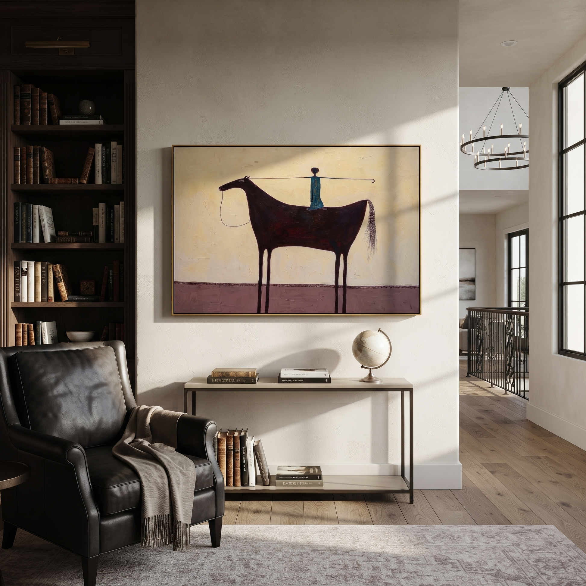 Blue Balance Stands across the Saddle - equestrian balance painting by Isabelle Laurent, modern Western horizontal wall art – styled room scene view 2