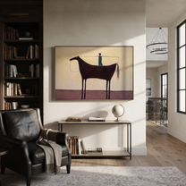 Blue Balance Stands across the Saddle - equestrian balance painting by Isabelle Laurent, modern Western horizontal wall art – styled room scene view 2