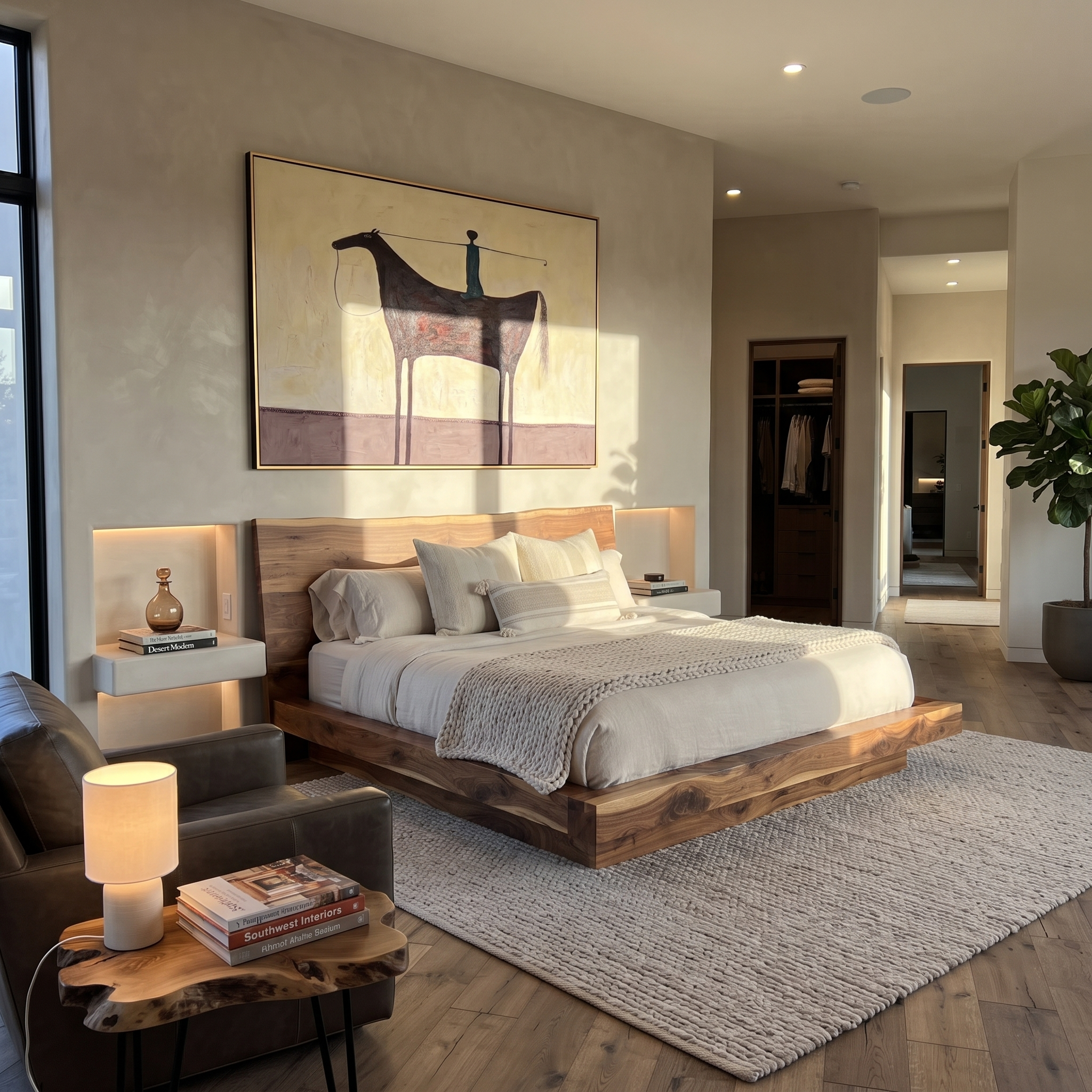 Blue Balance Stands across the Saddle - equestrian balance painting by Isabelle Laurent, modern Western horizontal wall art – styled room scene view 3