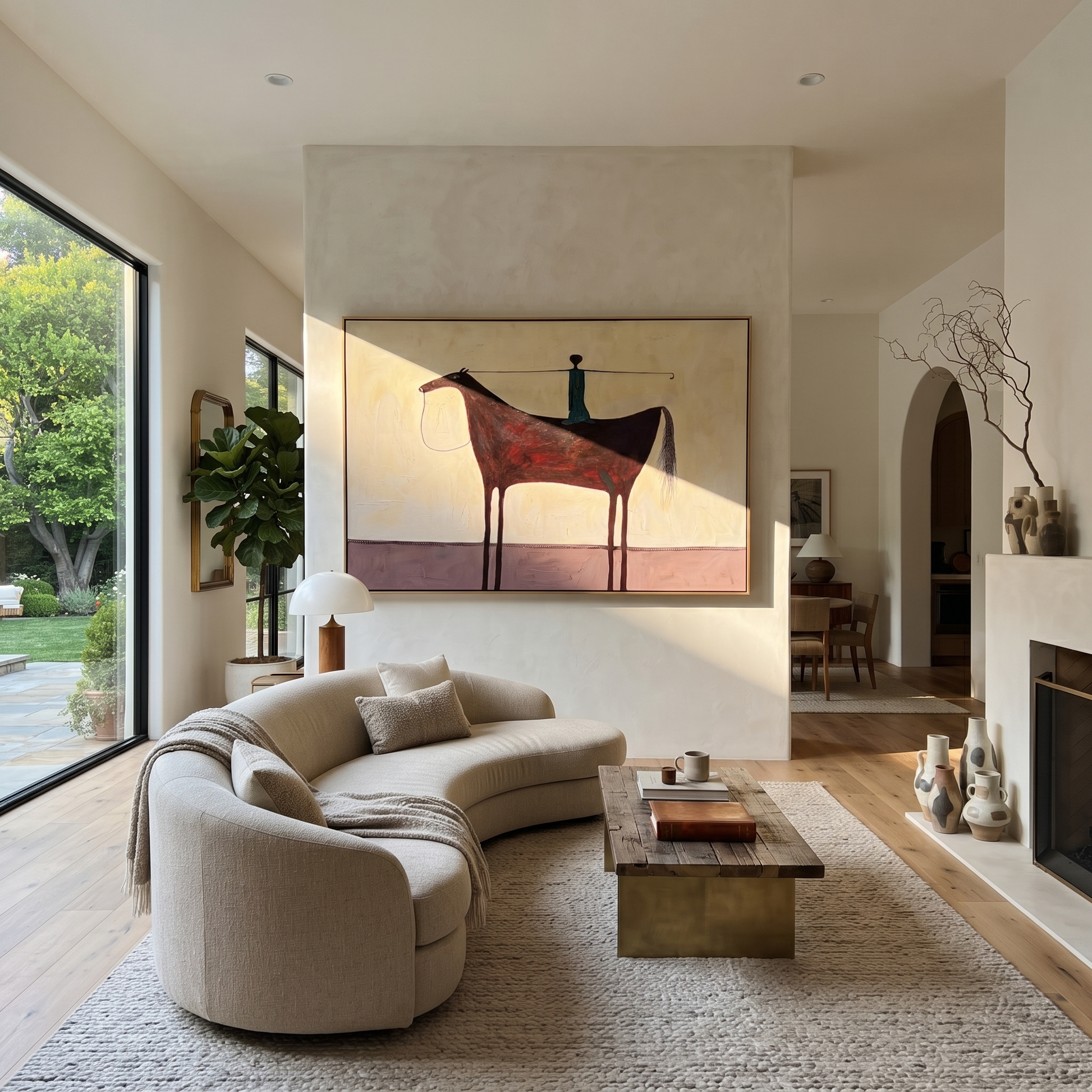 Blue Balance Stands across the Saddle - equestrian balance painting by Isabelle Laurent, modern Western horizontal wall art – styled room scene view 4