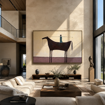 Blue Balance Stands across the Saddle - equestrian balance painting by Isabelle Laurent, modern Western horizontal wall art – styled room scene view 5