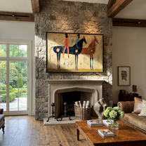 Three Riders Gather across the Painted Field - group equestrian painting by Isabelle Laurent, modern Western horizontal wall art – styled room scene view 1