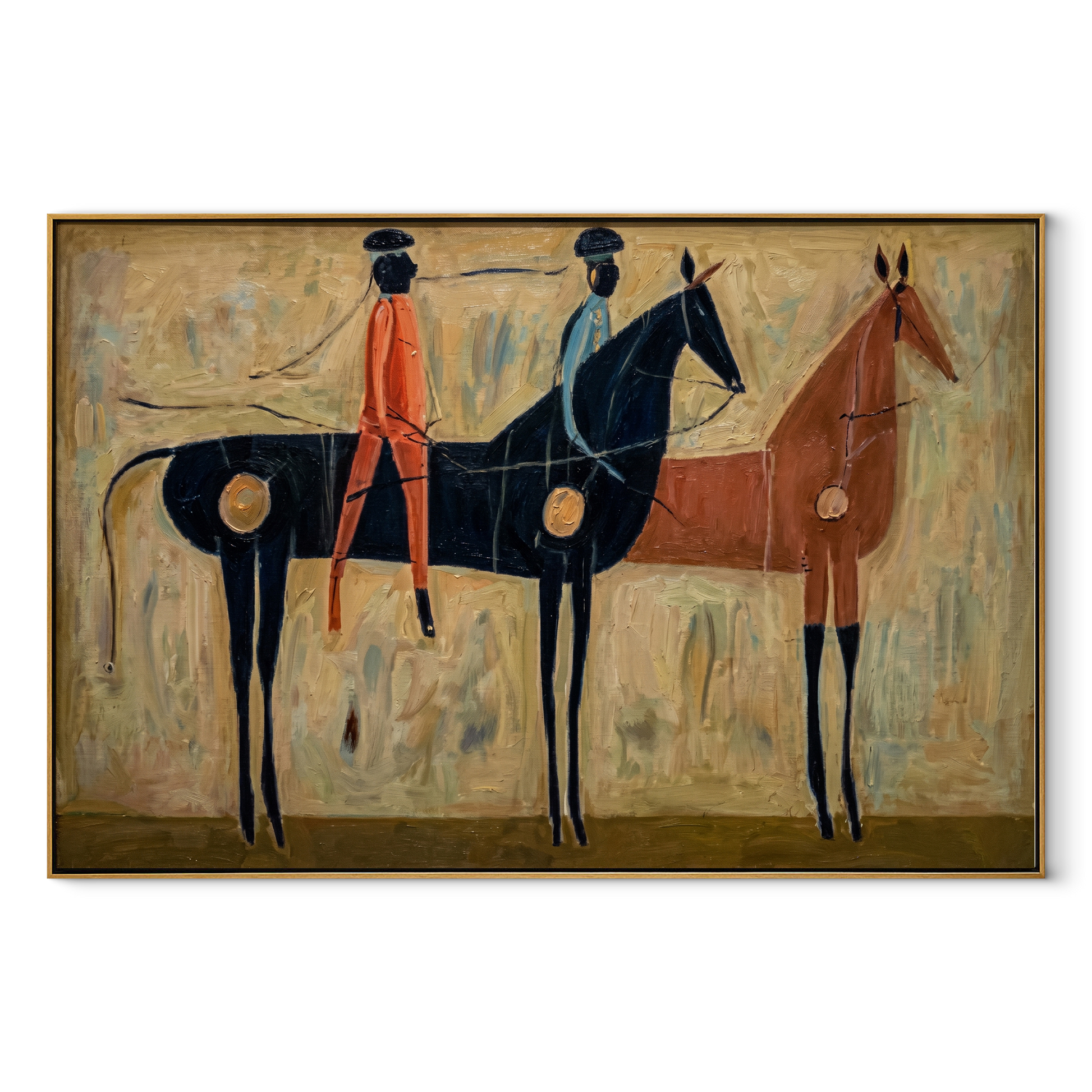 Three Riders Gather across the Painted Field - group equestrian painting by Isabelle Laurent, modern Western horizontal wall art – wood frame on white background