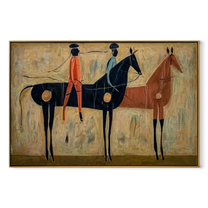 Three Riders Gather across the Painted Field - group equestrian painting by Isabelle Laurent, modern Western horizontal wall art – wood frame on white background